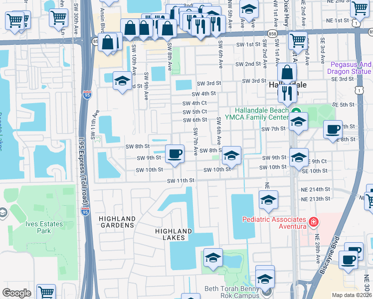 map of restaurants, bars, coffee shops, grocery stores, and more near 729 Southwest 7th Court in Hallandale Beach