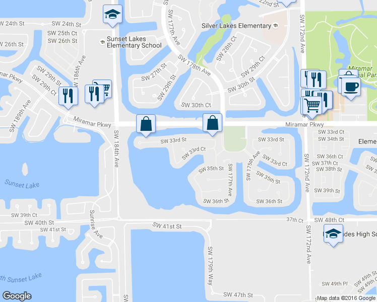 map of restaurants, bars, coffee shops, grocery stores, and more near 17957 Southwest 33rd Court in Miramar