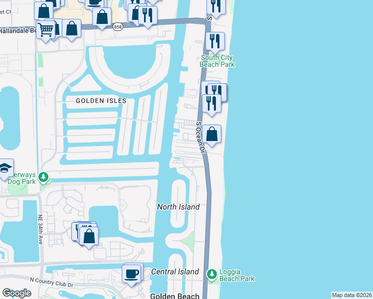 map of restaurants, bars, coffee shops, grocery stores, and more near 3121 South Ocean Drive in Hallandale Beach