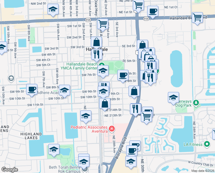 map of restaurants, bars, coffee shops, grocery stores, and more near 803 Southeast 2nd Avenue in Hallandale Beach