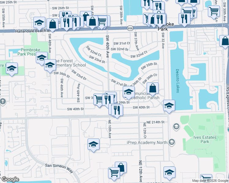 map of restaurants, bars, coffee shops, grocery stores, and more near in West Park