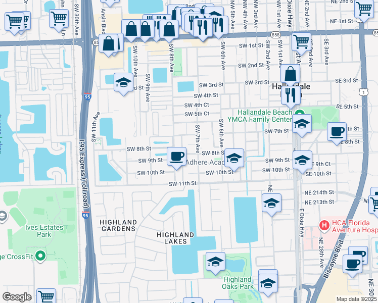 map of restaurants, bars, coffee shops, grocery stores, and more near 729 Southwest 7th Court in Hallandale Beach