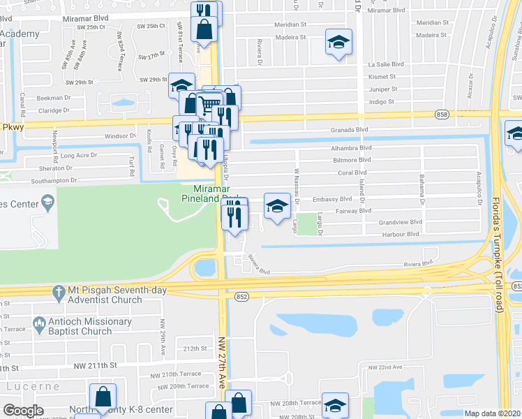 map of restaurants, bars, coffee shops, grocery stores, and more near 7905 Fairway Boulevard in Hollywood