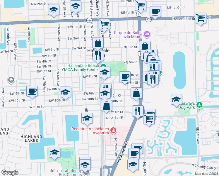 map of restaurants, bars, coffee shops, grocery stores, and more near 803 Southeast 2nd Avenue in Hallandale Beach