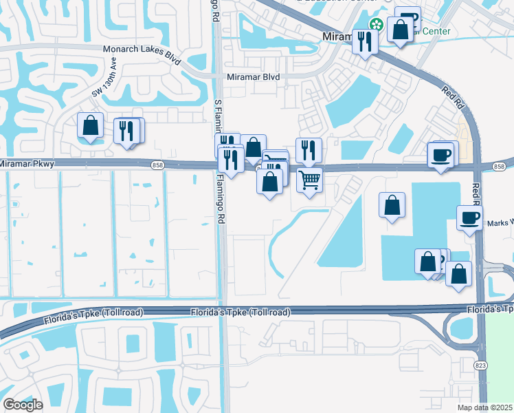 map of restaurants, bars, coffee shops, grocery stores, and more near 12200 Miramar Parkway in Miramar