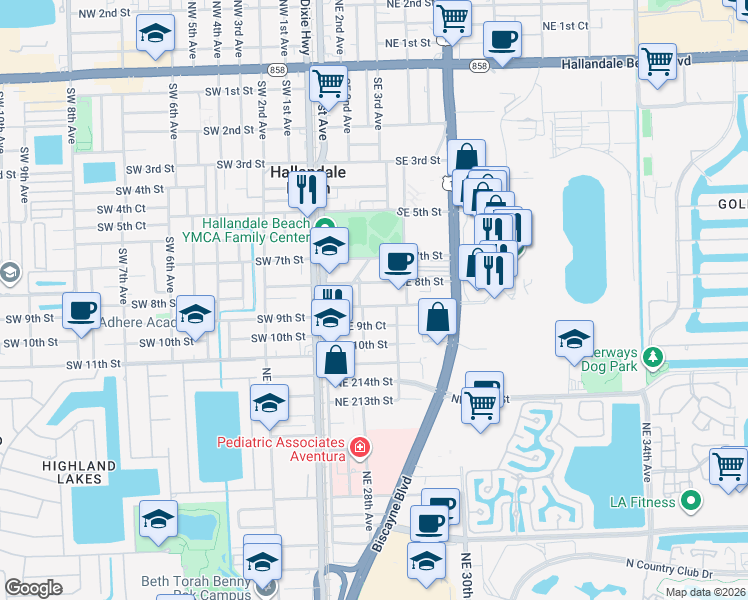 map of restaurants, bars, coffee shops, grocery stores, and more near 220 Southeast 8th Street in Hallandale Beach