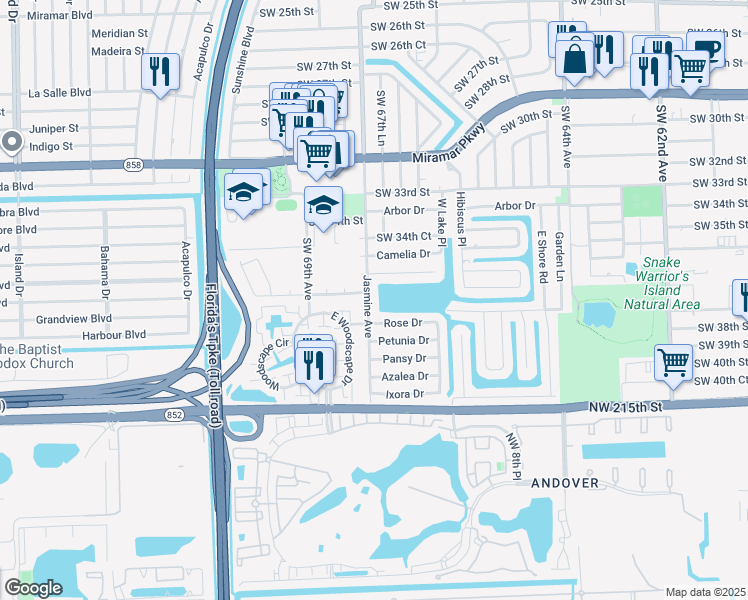map of restaurants, bars, coffee shops, grocery stores, and more near 3613 Southwest 68th Avenue in Miramar