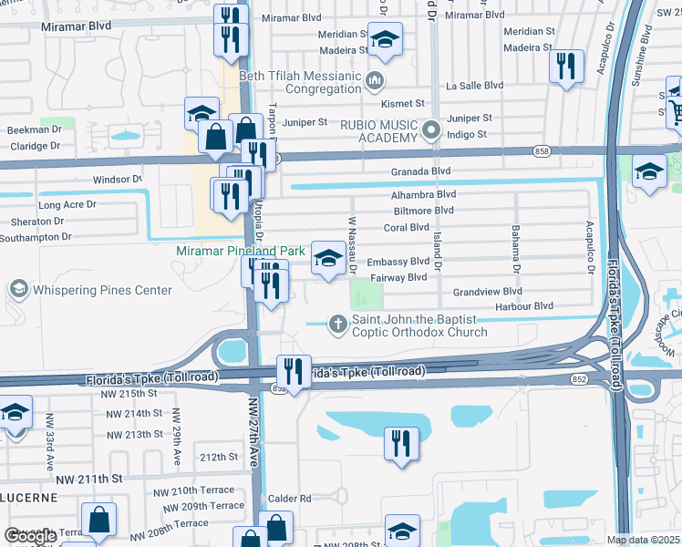 map of restaurants, bars, coffee shops, grocery stores, and more near 7812 Embassy Boulevard in Miramar