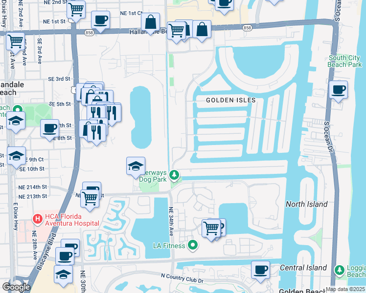 map of restaurants, bars, coffee shops, grocery stores, and more near in Hallandale Beach