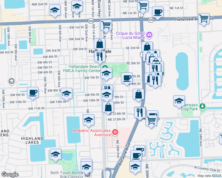 map of restaurants, bars, coffee shops, grocery stores, and more near 803 Southeast 2nd Avenue in Hallandale Beach