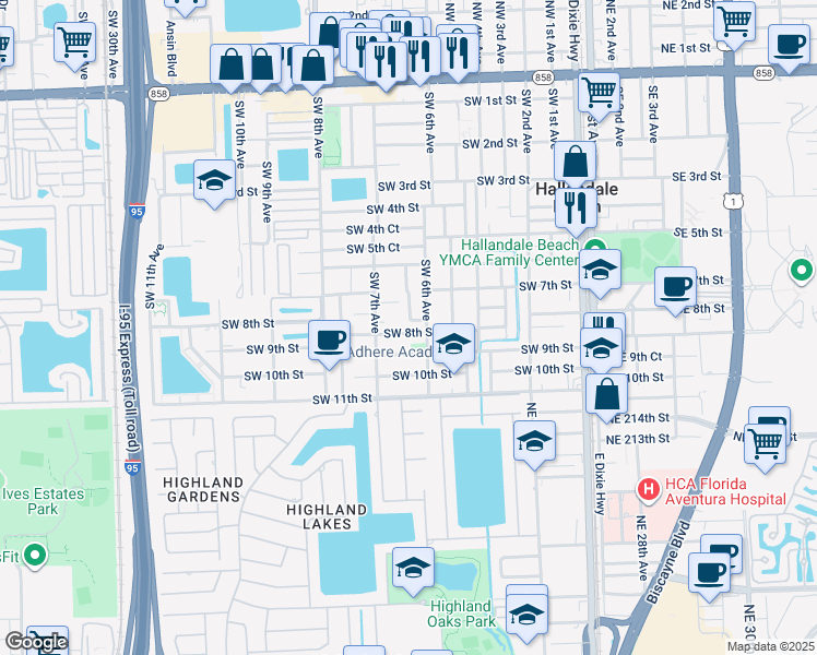 map of restaurants, bars, coffee shops, grocery stores, and more near 635 Southwest 7th Court in Hallandale Beach