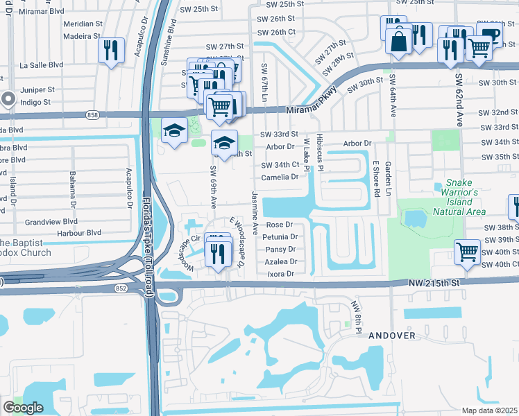 map of restaurants, bars, coffee shops, grocery stores, and more near 3613 Southwest 68th Avenue in Miramar