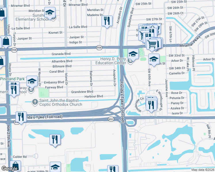 map of restaurants, bars, coffee shops, grocery stores, and more near 7150 Embassy Boulevard in Miramar