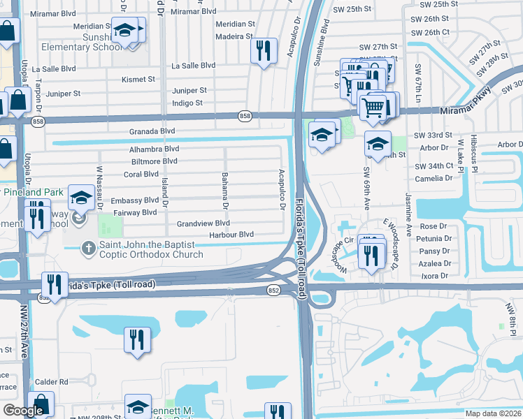 map of restaurants, bars, coffee shops, grocery stores, and more near 7150 Embassy Boulevard in Miramar