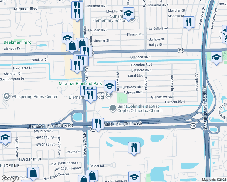 map of restaurants, bars, coffee shops, grocery stores, and more near 7812 Embassy Boulevard in Miramar