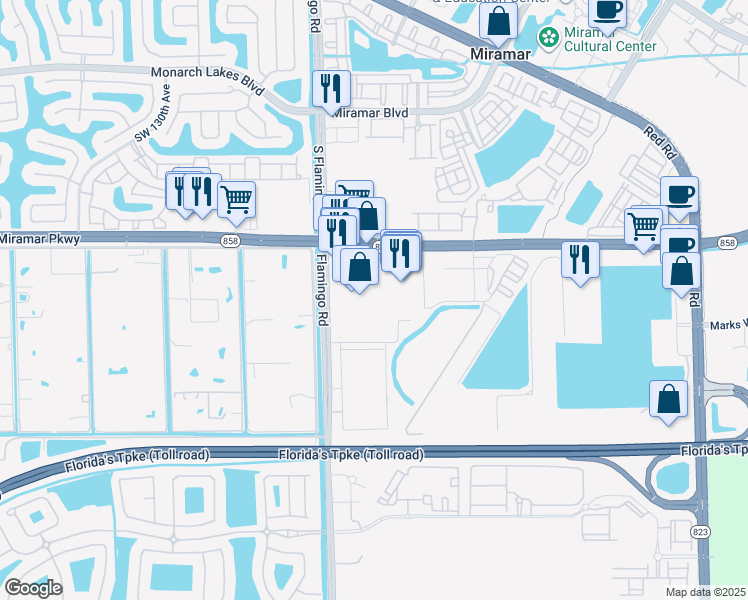 map of restaurants, bars, coffee shops, grocery stores, and more near 12200 Miramar Parkway in Miramar