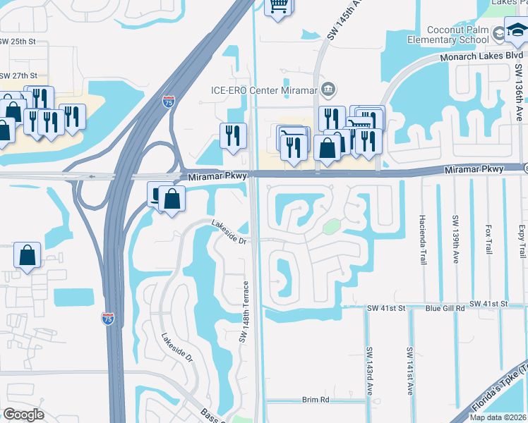 map of restaurants, bars, coffee shops, grocery stores, and more near 3460 Southwest 147th Avenue in Miramar