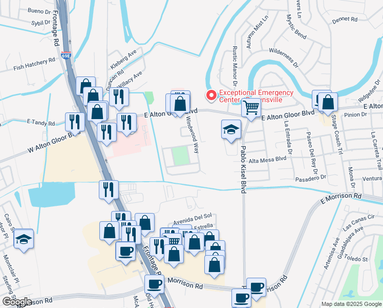 map of restaurants, bars, coffee shops, grocery stores, and more near 275 Windwood Way in Brownsville