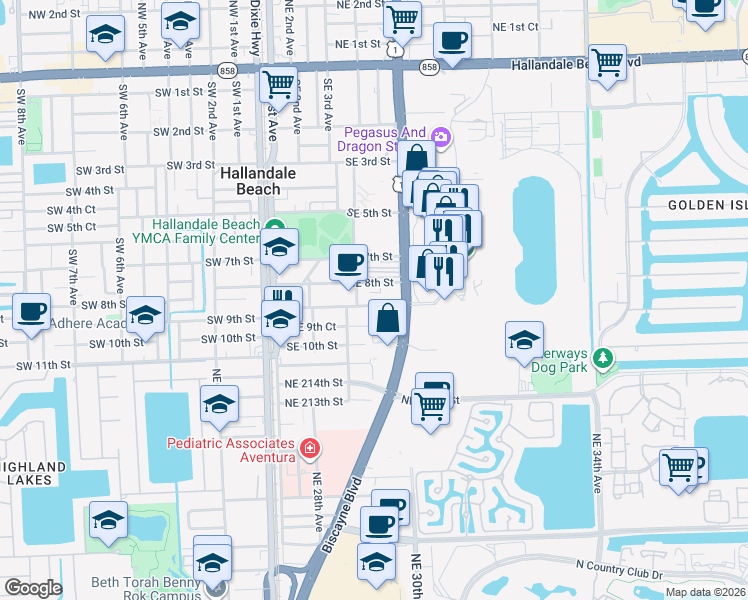 map of restaurants, bars, coffee shops, grocery stores, and more near 418 Southeast 8th Street in Hallandale Beach