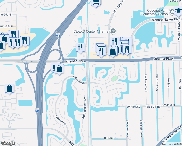 map of restaurants, bars, coffee shops, grocery stores, and more near 3460 Southwest 147th Avenue in Miramar