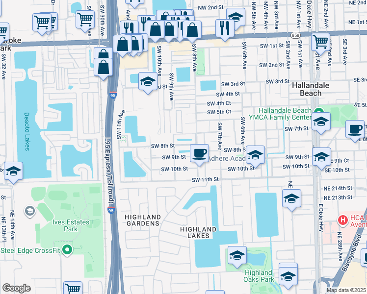 map of restaurants, bars, coffee shops, grocery stores, and more near 17a Southwest 9th Avenue in Hallandale Beach
