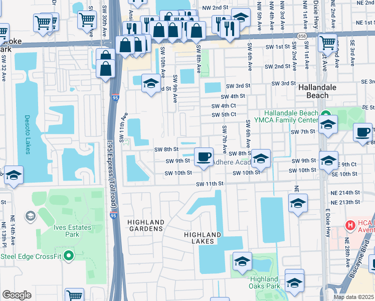 map of restaurants, bars, coffee shops, grocery stores, and more near 17a Southwest 9th Avenue in Hallandale Beach