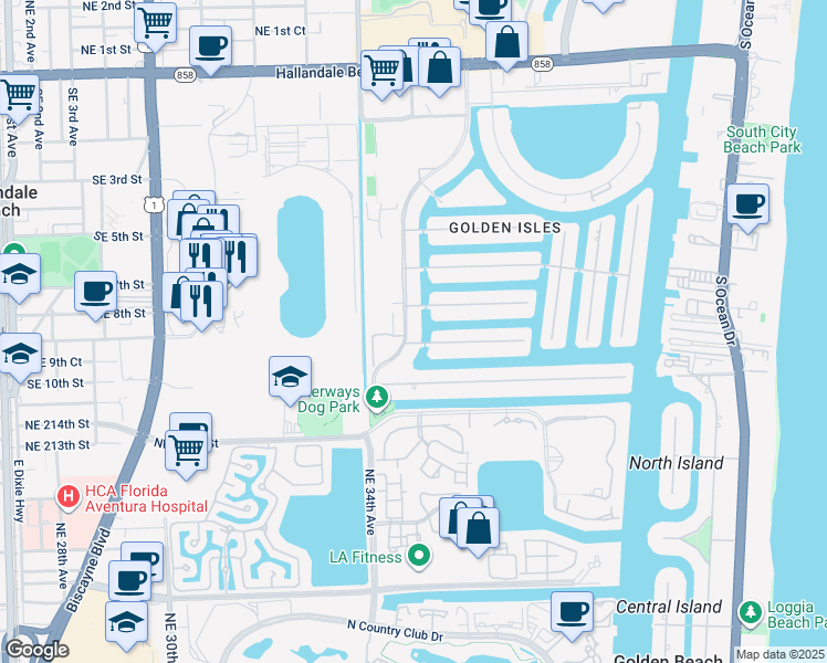 map of restaurants, bars, coffee shops, grocery stores, and more near 471 Alamanda Drive in Hallandale Beach