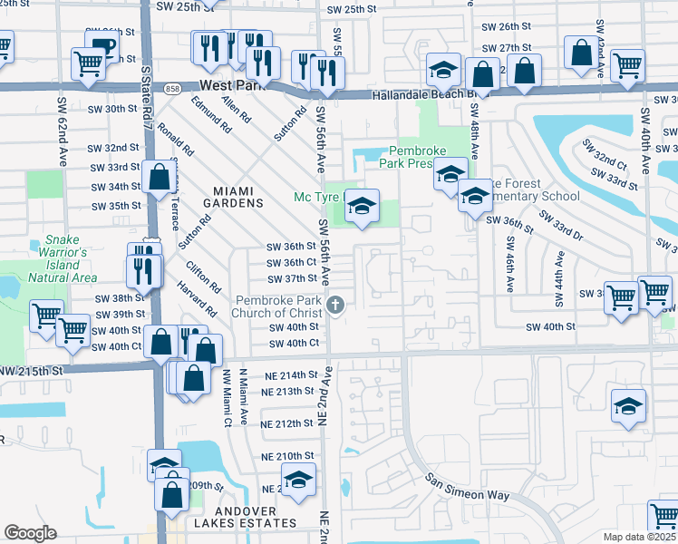 map of restaurants, bars, coffee shops, grocery stores, and more near 5500 Southwest 36th Street in West Park
