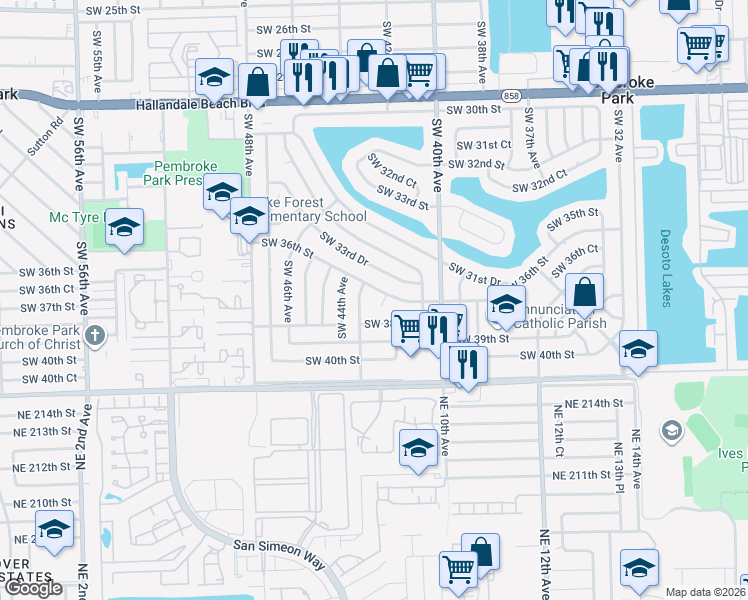 map of restaurants, bars, coffee shops, grocery stores, and more near 4240 Southwest 36th Street in West Park