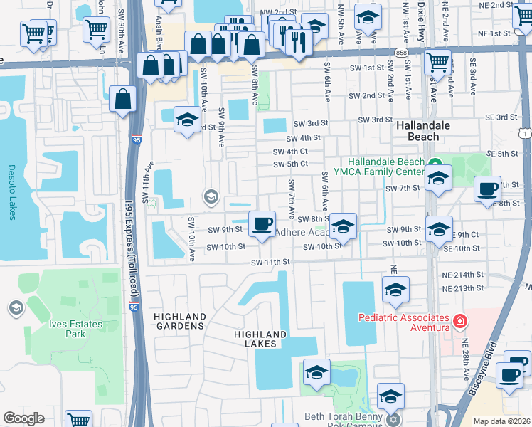 map of restaurants, bars, coffee shops, grocery stores, and more near 6a Southwest 9th Avenue in Hallandale Beach