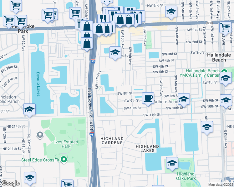 map of restaurants, bars, coffee shops, grocery stores, and more near 1008 Southwest 8th Street in Hallandale Beach