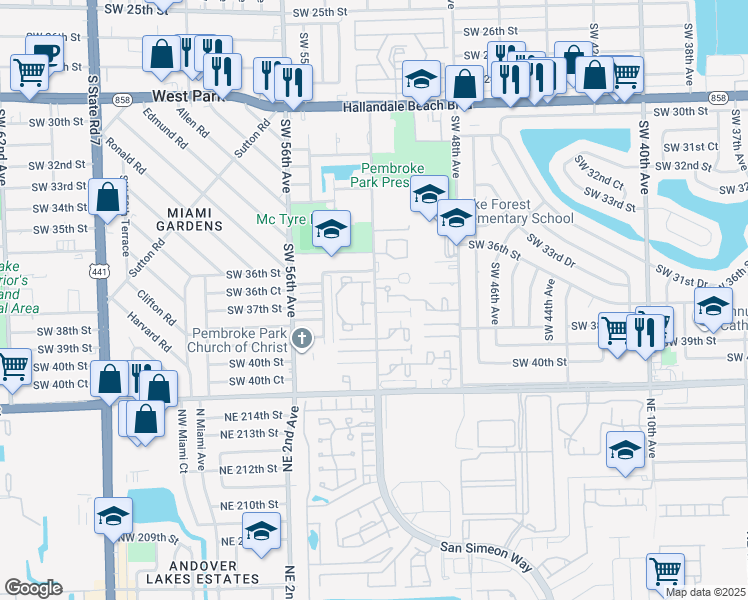 map of restaurants, bars, coffee shops, grocery stores, and more near 3707 37th Street in Pembroke Park