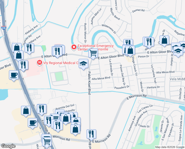 map of restaurants, bars, coffee shops, grocery stores, and more near 999 Paso Del Rio Drive in Brownsville