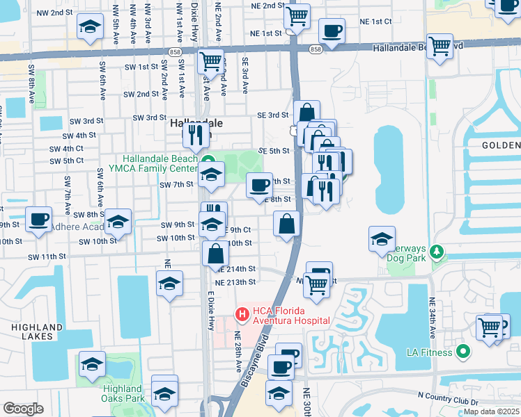 map of restaurants, bars, coffee shops, grocery stores, and more near 220 Southeast 8th Street in Hallandale Beach