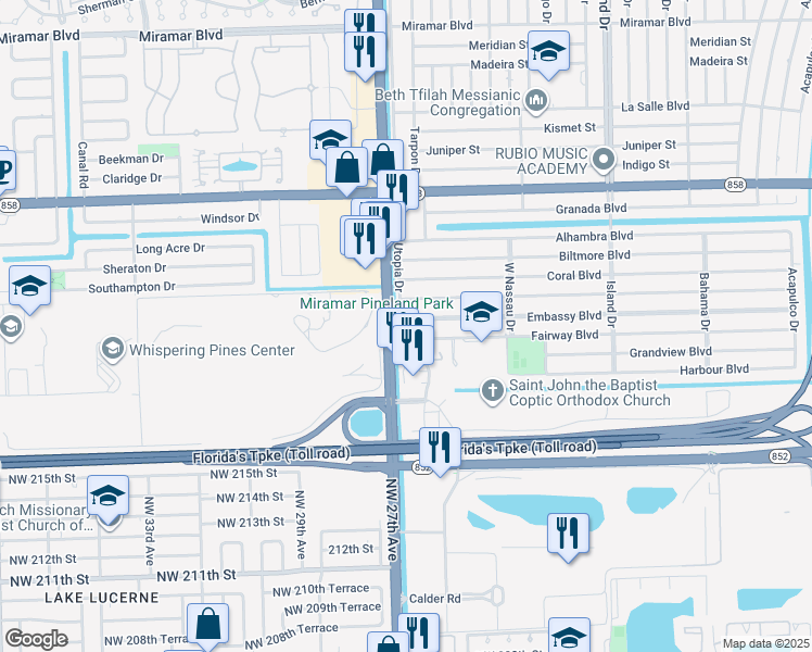 map of restaurants, bars, coffee shops, grocery stores, and more near 3600 South University Drive in Miramar