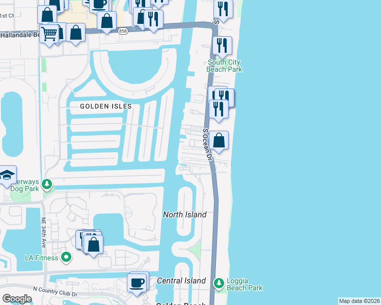 map of restaurants, bars, coffee shops, grocery stores, and more near 3121 South Ocean Drive in Hallandale Beach