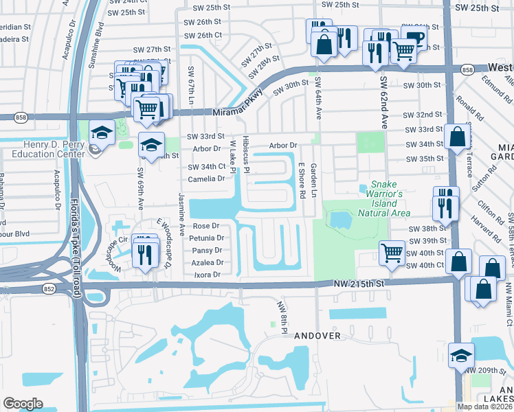 map of restaurants, bars, coffee shops, grocery stores, and more near 6637 Evergreen Drive in Miramar