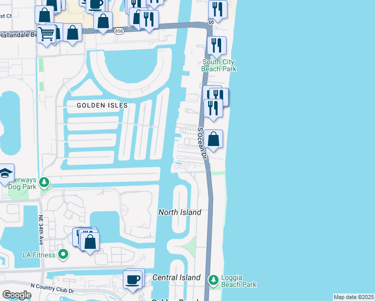 map of restaurants, bars, coffee shops, grocery stores, and more near 3127 South Ocean Drive in Hallandale Beach
