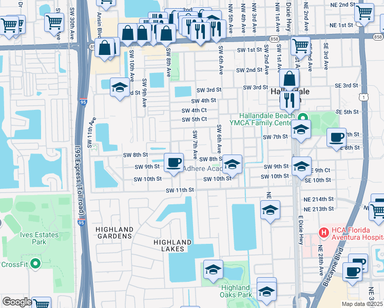 map of restaurants, bars, coffee shops, grocery stores, and more near 729 Southwest 7th Court in Hallandale Beach