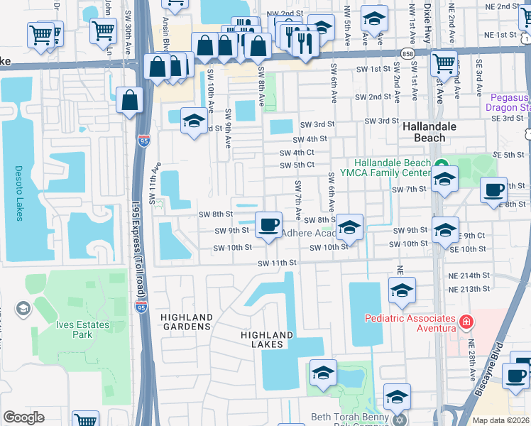 map of restaurants, bars, coffee shops, grocery stores, and more near 6a Southwest 9th Avenue in Hallandale Beach