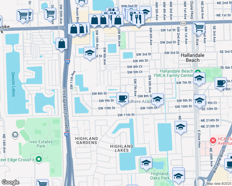 map of restaurants, bars, coffee shops, grocery stores, and more near 6a Southwest 9th Avenue in Hallandale Beach
