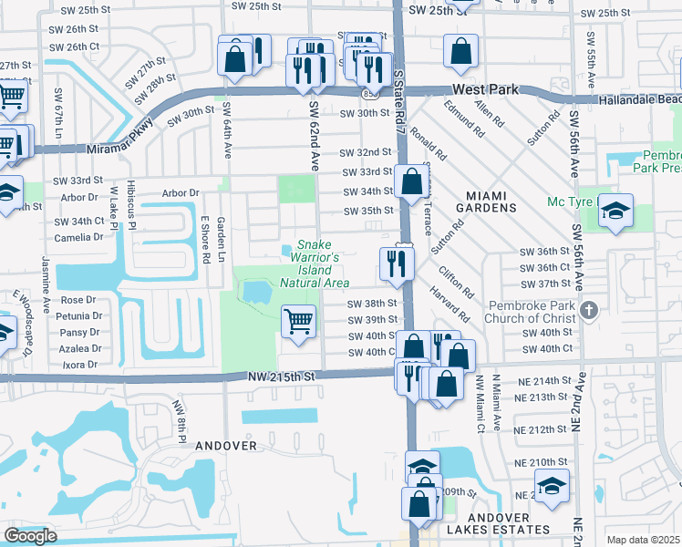 map of restaurants, bars, coffee shops, grocery stores, and more near 6117 Southwest 37th Street in Miramar