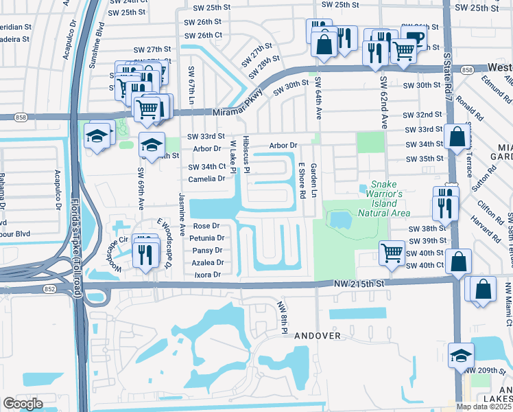 map of restaurants, bars, coffee shops, grocery stores, and more near 6637 Evergreen Drive in Miramar