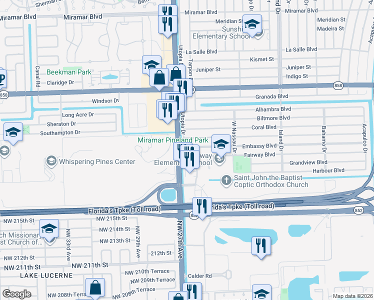 map of restaurants, bars, coffee shops, grocery stores, and more near 3600 South University Drive in Miramar
