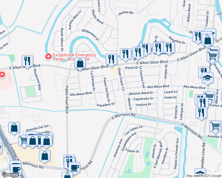 map of restaurants, bars, coffee shops, grocery stores, and more near 4925-4935 Camino Verde Drive in Brownsville