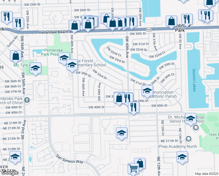 map of restaurants, bars, coffee shops, grocery stores, and more near 4240 Southwest 36th Street in West Park