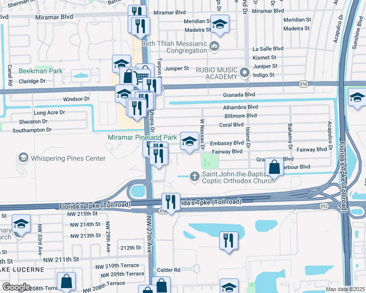 map of restaurants, bars, coffee shops, grocery stores, and more near 7844 Embassy Boulevard in Miramar