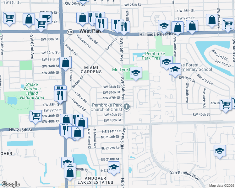map of restaurants, bars, coffee shops, grocery stores, and more near 5614 Southwest 36th Court in West Park