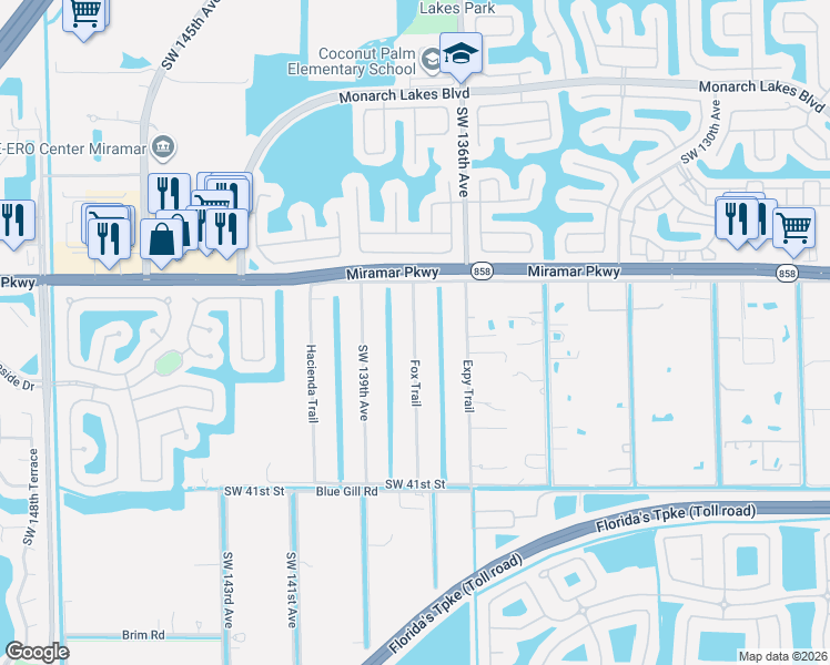 map of restaurants, bars, coffee shops, grocery stores, and more near 3450 Southwest 137th Avenue in Miramar