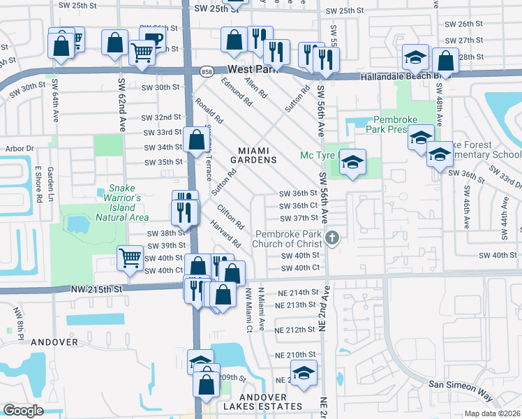 map of restaurants, bars, coffee shops, grocery stores, and more near 3614 Southwest 58th Avenue in West Park